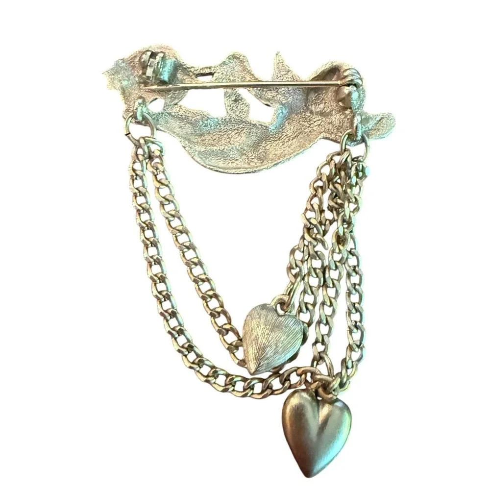 Vintage Cherub Brooch Cupid Chain Heart Charms - Silver Pot Metal Angel Pin